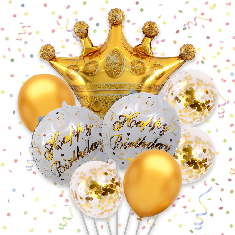 Golden Birthday Balloon Set with Crown & Confetti – 8 Pcs (Foil & Late ...