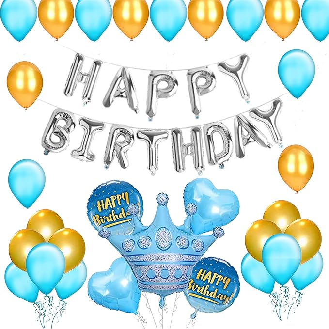 Party Propz Prince Theme Birthday Decoration Kit 36Pcs Set for Husband Boys Balloons Decorations Items Combo with Blue Crown Foil Balloon Set, Happy Birthday Balloon, Metallic Balloons