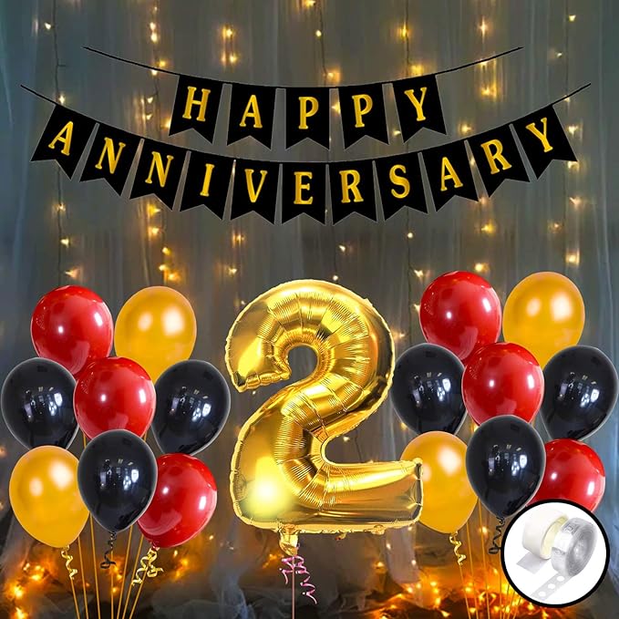 Party Propz 2nd Happy Anniversary Decoration Items with LED Light, Banner (Paper), Balloons, Arch, Glue Dot 55Pcs Set for 2nd Party Room Decoration Combo Set/Couple Wedding,Marriage Celebration
