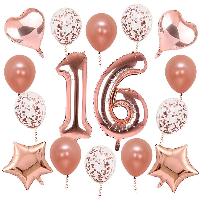 Party Propz 16 Birthday Decoration For Girls - 6 Number, Confetti, Star & Heart Foil Balloons & Metallic Balloon Combo Set | Birthday Decoration Items 16 Year Girl | Sweet 16 Birthday Decoration