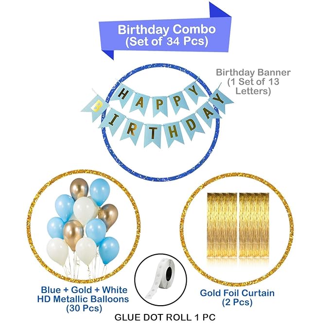 Party Propz Birthday Decoration Items - 34 Pcs, Blue Birthday Decoration Items For Boy, Husband | Happy Birthday Decoration Kit For Kids, Adults | Curtain, Glue Dot, Metallic Balloons For Decoration