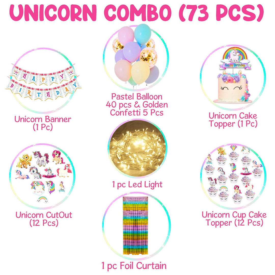 Party Propz Unicorn Theme Birthday Decorations Items Combo Set - 73Pcs Kit with Banner, Cake Topper,Curtains, Pastel Balloons - Happy Birthday Decoration Kit For Girls / Unicorn Birthday Decorations
