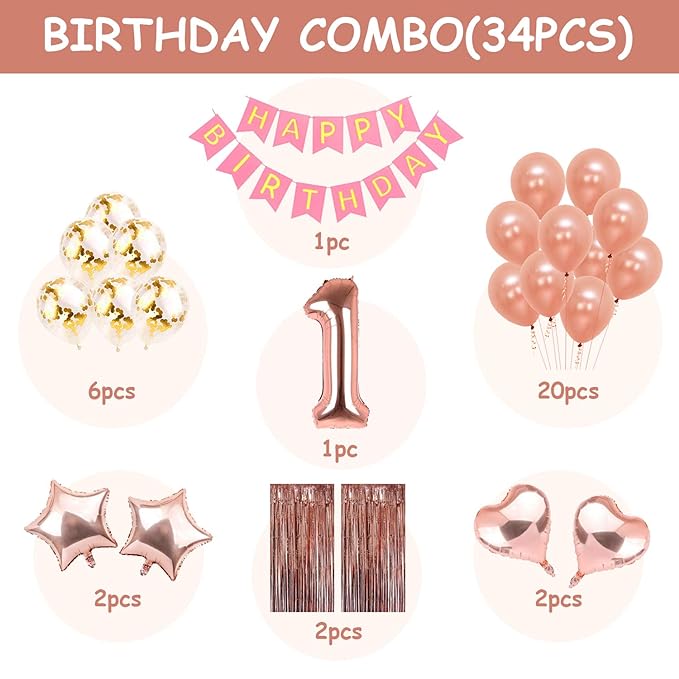 Party Propz 1st Birthday Decoration For Baby Girl Gold Rose Combo 34Pcs for Baby Girl 1st Bday Decor/Photo Booth Backdrop Decoration materials/1st Birth Day Party Decor/Stylish Pink White Birtgday Set