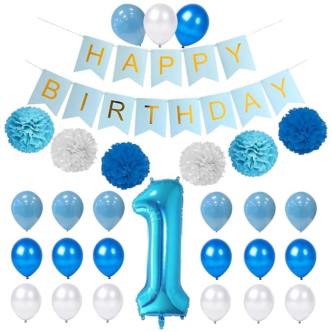 Party Propz Birthday Decoration kit for 1st birthday Boys-23Pcs/ Bday Supplies Items With Blue Banner (cardstock), Pom pom, Baloons, Foil Baloons/Newborn Gifts Set/ 1st Birth day Props For Kids, Baby