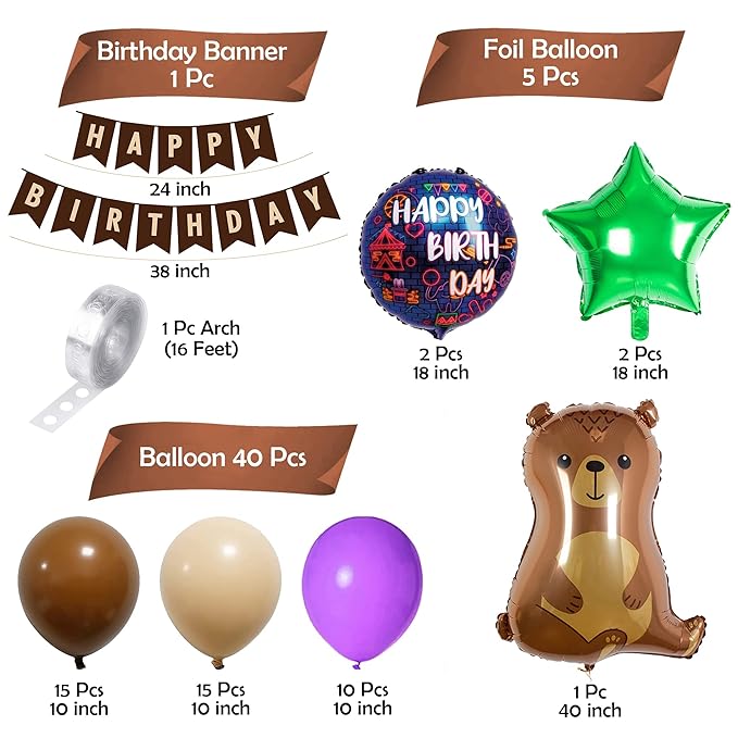 Party Propz Jungle Theme Birthday Decoration - 47 Pcs Purple balloons for Decoration | Jungle Safari Theme Birthday Decoration | 40 inch Brown Bear Foil Balloon | Birthday Decoration items for Boy