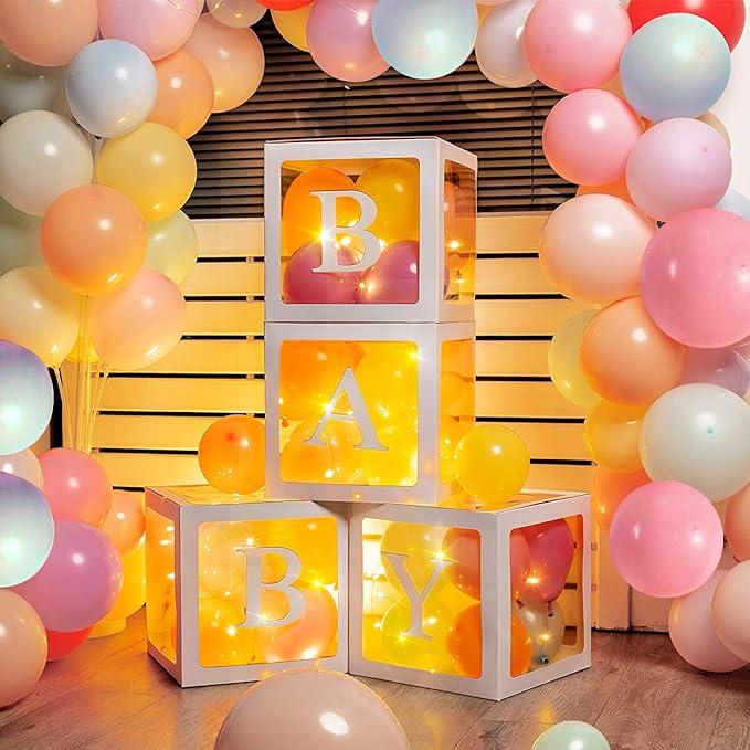 Party Propz Paper Baby Shower Party Decoration Set - 45 Piece Balloon Box Kit - Baby Shower Backdrop Party Decor - Letters, Balloons, Boxes - Baby Birthday Supplies With Fairy Led Lights,Multicolor