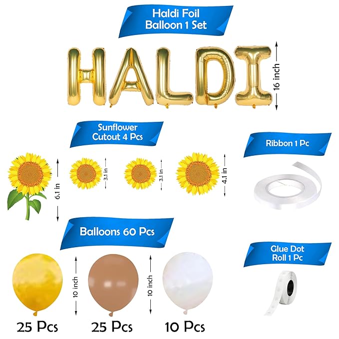 Party Propz Haldi Decoration Items For Marriage - 67 Pcs Pre Wedding Decoration Items With Foil Balloons and Sunflower | Haldi Ceremony Decoration | Mehndi Decoration Items | Haldi Backdrop Decoration