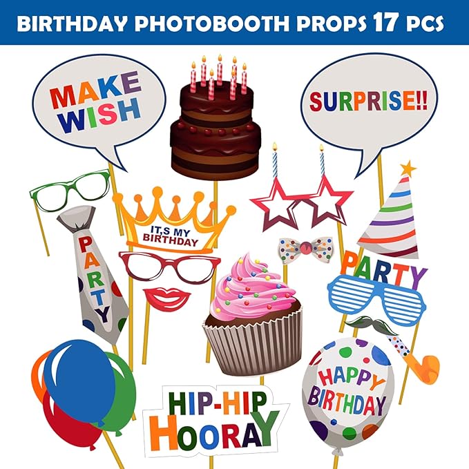 Party Propz Happy Birthday Photo Booth - 17Pcs Happy Birthday Decoration / Happy Birthday Photo Booth Props / Birthday Photo Booth Props / Happy Birthday Decoration Kit / Photo Booth Props For Birthday Decoation / Birthday Photo Booth