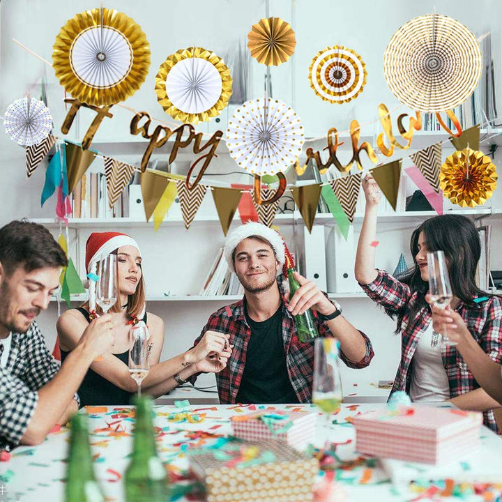 Party Propz Birthday Decoration Items For Husband,-10Pcs/ Gold Paper Fan Hanging Decorations Set with Gold Happy Birthday Banners and Pennant Banner for Bday Decorative Supplies Materials