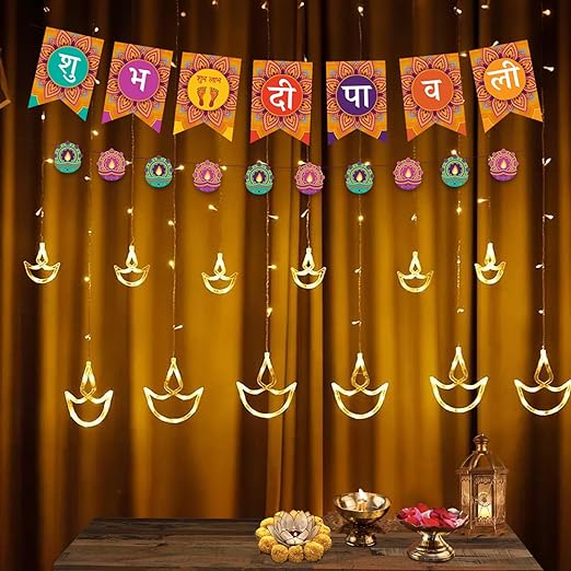 Party Propz Shubh Diwali Decoration Items - Happy Dipawali Combo | Happy Diwali Banner (cardstock) | Diya Lights | Diya Shape Banner | Diwali Lights For Decoration For Home | Happy Diwali Hangings