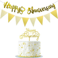 Party Propz Happy Anniversary Decoration Kit For Home -3 Items Golden Combo Set Foil Banner (cardstock), Cake Topper,, Pennant Banner (cardstock) anniversary decoration items For Bedroom