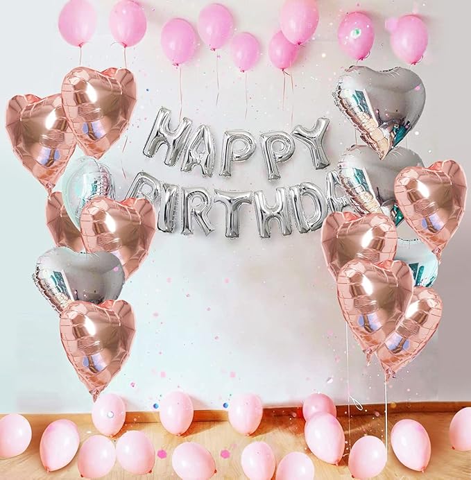 Party Propz Happy Birthday Foil Balloon Decoration Set -31Pcs Balloon Garland Kit- Alphabet Silver Balloons, Metallic Balloons, , Heart Foil Balloons For Birthday Decoration