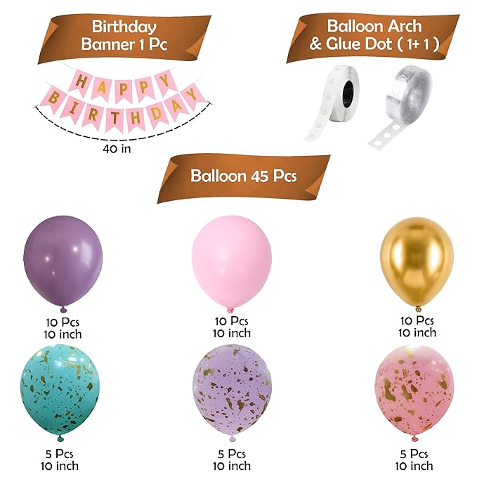 Party Propz Birthday Decoration Items For Girls-48Pcs Purple Theme Birthday Decoration Kit|Purple & Pink Balloons For Birthday|Multicolor Chrome Balloons |Birthday Decorations For Girl|