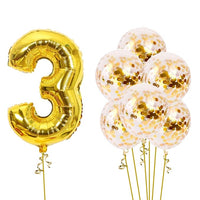 Party Propz Number 3 Golden Foil Balloon With Confetti 7Pcs Combo For Birthday Or Anniversary Party Decoration