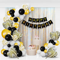 Party Propz Gold Happy Birthday Decoration Kit - Black Happy Birthday Banner (cardstock) | White Net Curtain And Led Lights For Birthday Decoratio |Agate Foil Balloons| Happy Birthday Balloons