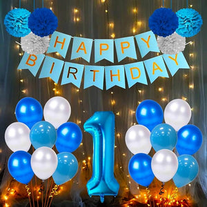 Party Propz Birthday Decoration kit for 1st birthday Decorations Boys -24Pcs With Lights, Blue Banner (cardstock), Pom pom, Baloons, Foil Baloons/1st Birth day Props For Kids, Baby