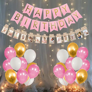 Party Propz First Birthday Decorations for Girls - Set of 33 Pcs | 12 Months Photo Banner for Birthday(cardstock) | Happy Birthday Banner(cardstock) | Birthday Decoration Items for Girl
