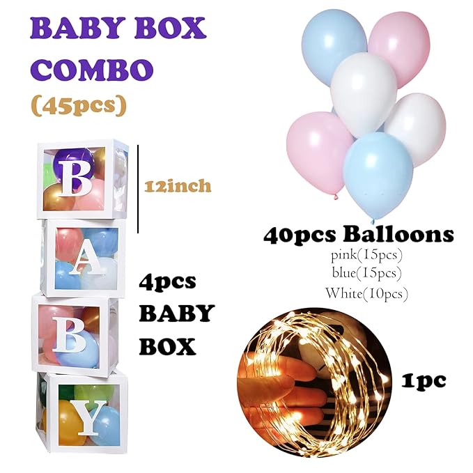 Party Propz Paper Baby Shower Party Decoration Set - 45 Piece Balloon Box Kit - Baby Shower Backdrop Party Decor - Letters, Balloons, Boxes - Baby Birthday Supplies With Fairy Led Lights,Multicolor