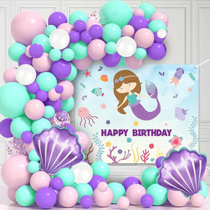Mermaid Theme Birthday Decorations for Girls – 59 Pcs Decoration Kit with Balloons & Backdrop