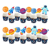 Party Propz Space Theme Cupcake Topper - 24Pcs Space Theme Birthday Decoration | Happy Birthday Cake Topper for Space Birthday Supplies | Space Theme Cake Toppers | Space Theme Cake Decoration