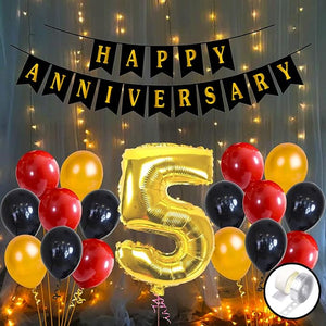 Party Propz 5th Happy Anniversary Decoration Items with LED Light Banner, Balloons, Arch, Glue Dot 55Pcs Set for 5th Party Room Decoration Combo Set/Couple Wedding,Marriage Celebration