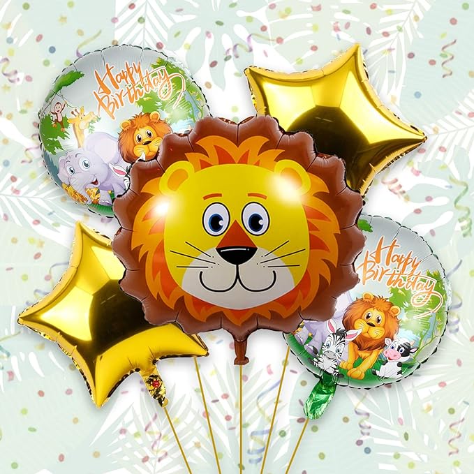 Party Propz Happy Birthday Decoration Kit, Set of 5 Birthday Decoration Items With Happy Birthday, Lion, Jungle Theme Foil Balloons For Kids Birthday Celebration, , Multicolor