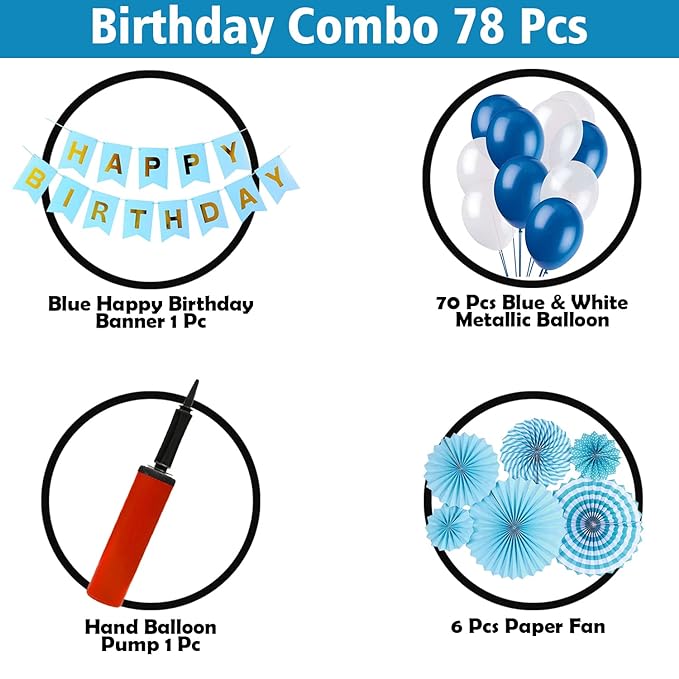 Party Propz Happy Birthday Decorations for Boys- Blue Paper Fan, Hand Balloon Pump, Metallic Balloons with Blue Paper Banner -Decoration Items for Birthday | Birthday Decoration kit Combo-78Pcs