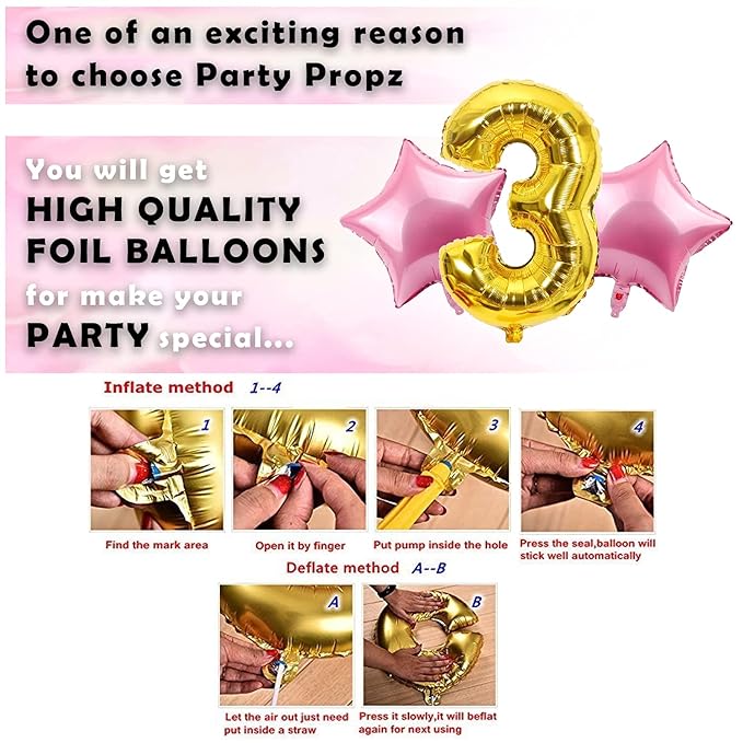 Party Propz 3rd Birthday Decoration Items For Baby,Girls With Fairy Lights - 57Pcs Pink Third Birthday Decoration - For 3 Year material FOIL, LATEX, RUBBER