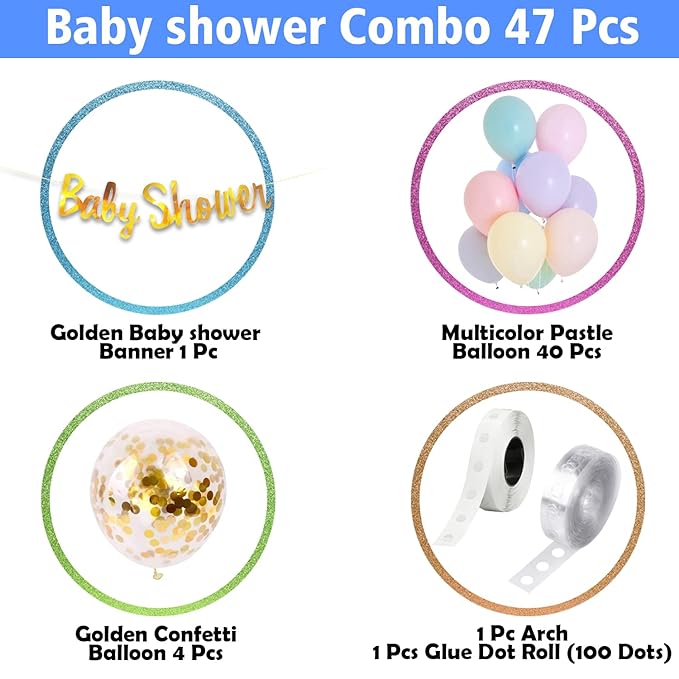 Party Propz Baby Shower Decoration Items- 47 Pcs Combo | Pastel Balloons for Decoration | Baby Shower Decorations Set for Mom To Be | Baby Shower Banner (cardstock) (Foil) | Golden Confetti Balloons