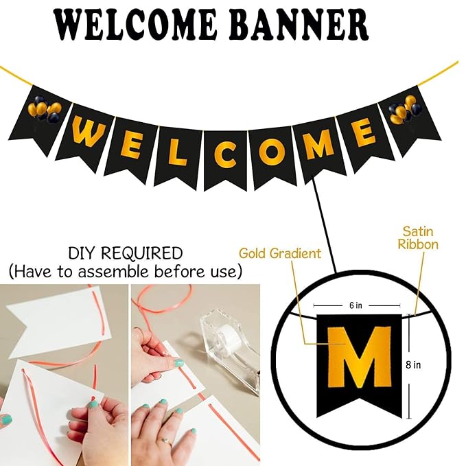 Party Propz Welcome Home Banner - 1Pc Baby Shower Decoration | Welcome Home Decoration with Black and Gold Welcome Banner (Cardstock) | Welcome Home Decor for Baby Shower | Mom to be Props