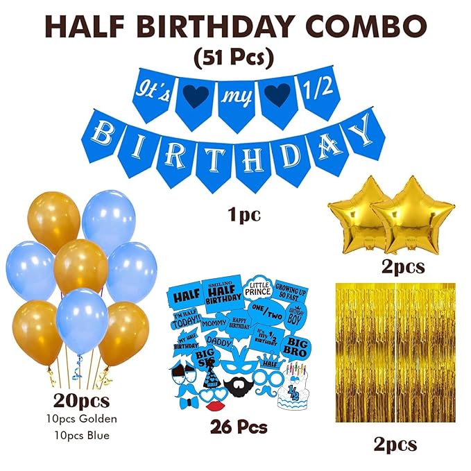 Party Propz Half Birthday Decorations For Baby Boy Combo- 51Pcs Set For 6 Months Birthday Decorations For Boy & Girls - Half Bday Banner (cardstock), Balloons, Foil Balloon, Photo Booth, Foil Curtains