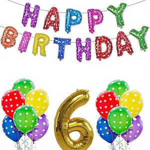 Party Propz Happy Birthday Decoration Kit Combo - 23Pcs Multicolor 6th Birthday Decoration Combo For Kids With Polka Dotted Balloons, Birthday Foil Balloons, No.6 Golden Foil Balloons