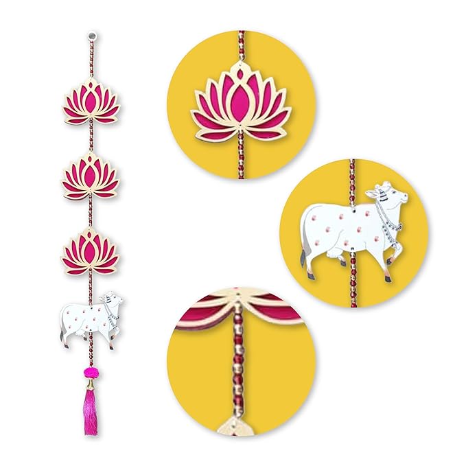 Party Propz Handmade Lotus with Pichwai Cow Wall and Door Hanging - 2 Pcs MDF Floral Wall Hangings for Home Decoration | Mandir Decorations Items | Rajasthani Main Door Entrance