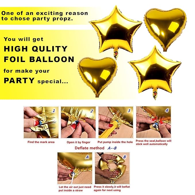 Party Propz Happy Birthday Decoration - Huge 50 Pcs, Black and Gold Balloons for Birthday Decoration|Star, Heart Shaped Foil Balloons For Decoration|Metallic, Latex Balloons For Birthday Decoration