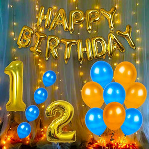 Party Propz Baby Boy Happy Birthday Foil Balloon Number Foil Metallic Balloons Decorations Kit Combo- 24Pcs for Boy's Kids Baby Half Bday Decoration Items/Led Fairy Light Theme Blue