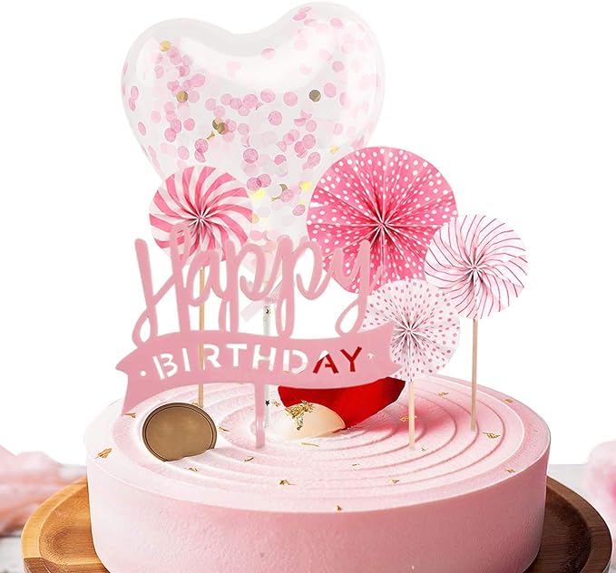 Party Propz Happy Birthday Pink Cake Topper, Cupcake Topper with Pink Paper Fans,Confetti Balloon, Birthday Cake Decorations 6Pcs for Baby Girls-(Pink Color), Wife Girl Friend Birthday Cake Decoration
