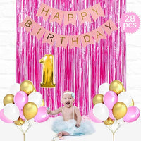 Party Propz Girls 1St Birthday Paper Decoration 28Pcs Combo (2 Pink Foil Curtain+No. 1 Foil Balloon+24 Pcs Balloon+1 Birthday Banner (cardstock),Multicolor)