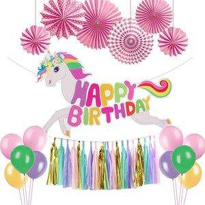 Party Propz Unicorn Theme Birthday Decoration Combo - 37Pcs Set For Unicorn Party Supplies / Unicorn Banner Balloons Fans / Girls Birthday