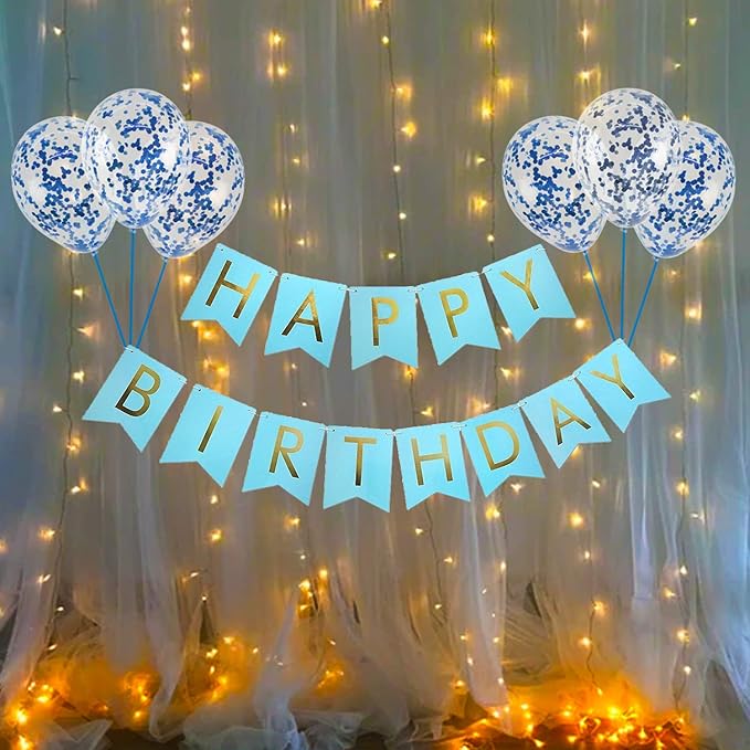 Party Propz Birthday Decoration Items Kit- 10Pcs Blue Bday Banner Confetti Balloon with Led Light for Kids, Husband , Boys Bday Decorations Items with Fairy Lights