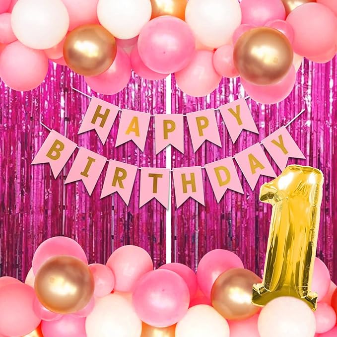 Party Propz 1st Birthday Decoration for Girls - Pink Happy Birthday Banner (cardstock), 1 Foil Balloons For Birthday, Metallic Balloons, Foil Curtains For First Birthday Decorations Girl