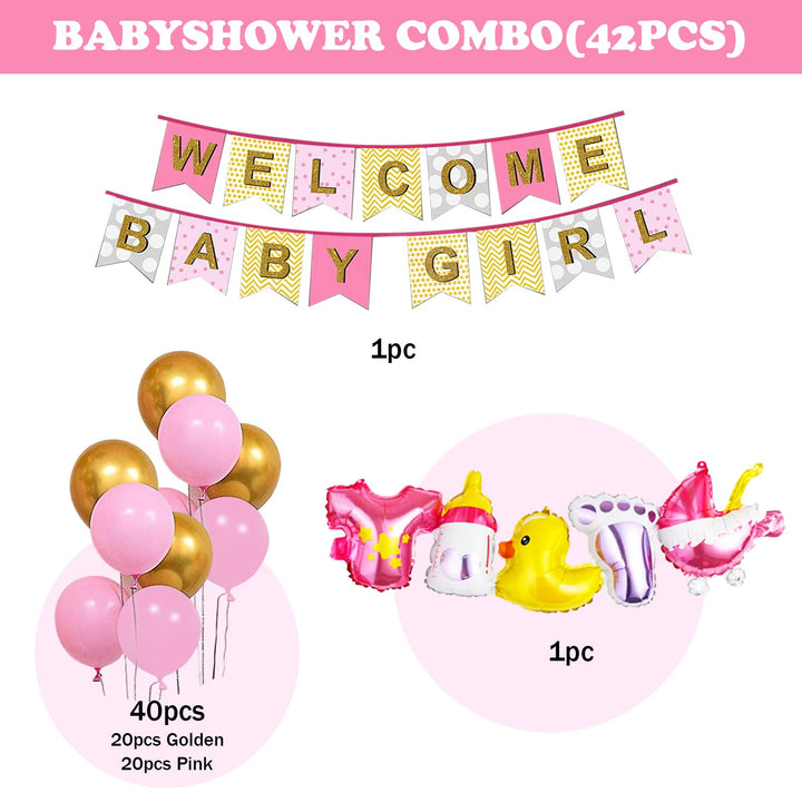 Party Propz Baby Welcome Baby Decoration - 42pcs Welcome Baby Girl Decoration | Welcome Home Decoration | Welcome Baby Banner (cardstock) | Baby Decoration Items | Pink & Golden Welcome Baby Balloons