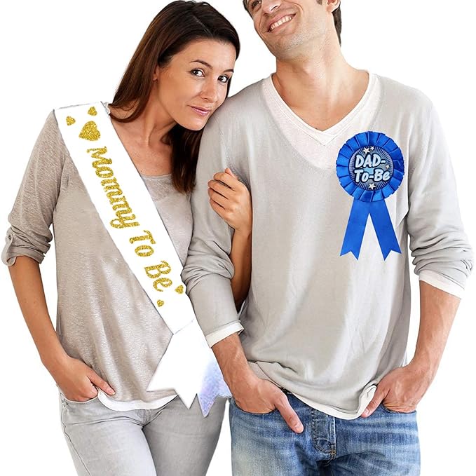 Party Propz Mom to Be Sash with Dad to Be Badge - 2pcs Baby Shower Decoration Items | Mom to Be Dad to Be Decoration Item | Dad to Be Badge for Baby Shower | Baby Shower Props for Photoshoot