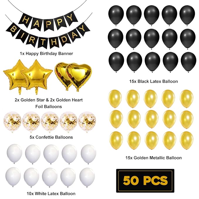 Party Propz Happy Birthday Decoration - Huge 50 Pcs, Black and Gold Balloons for Birthday Decoration|Star, Heart Shaped Foil Balloons For Decoration|Metallic, Latex Balloons For Birthday Decoration