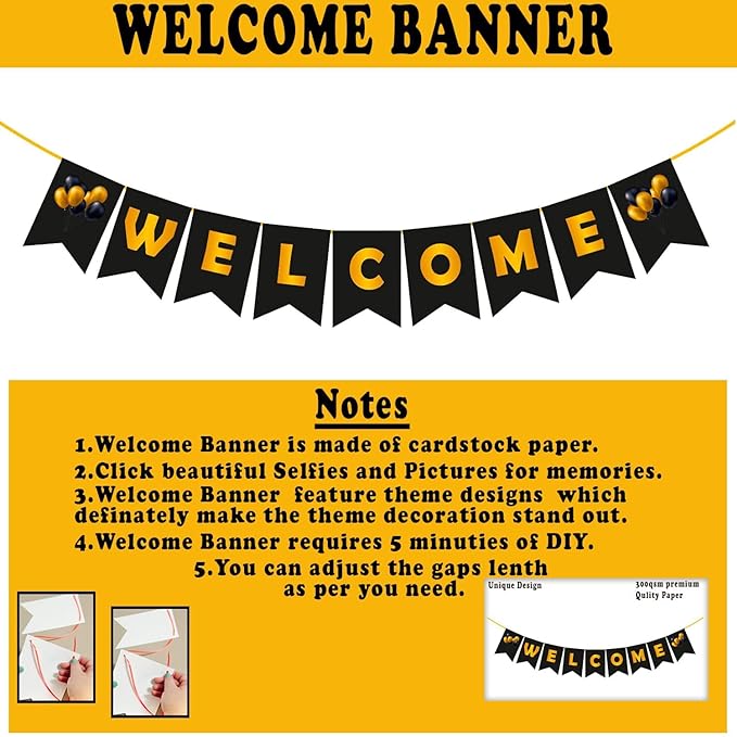 Party Propz Welcome Home Banner - 1Pc Baby Shower Decoration | Welcome Home Decoration with Black and Gold Welcome Banner (Cardstock) | Welcome Home Decor for Baby Shower | Mom to be Props