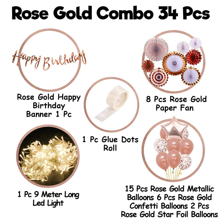 Party Propz Birthday Decoration Items For Girl- 34Pcs, Rose Gold Happy Birthday Decoration Items Kit | Rose Gold Foil | Metallic Balloons For Decoration With Paper Fans | Decoration Items With Lights