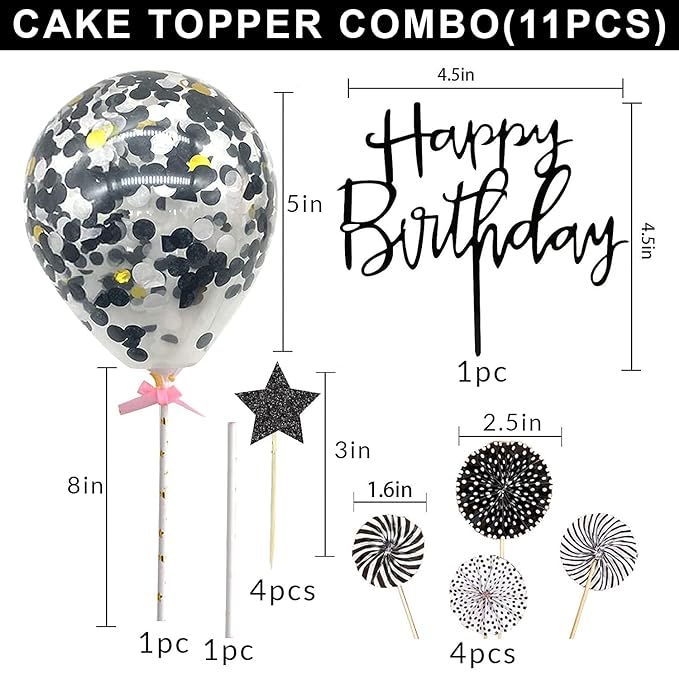 Party Propz Happy Birthday Cake Topper-11Pcs|Black Cake Toppers For Cake Decoration|Cake Decoration Items For Girl|Boy|Confetti Balloon|Glitter Star|Fan Toppers|Birthday Decoration Kidsfor Adults