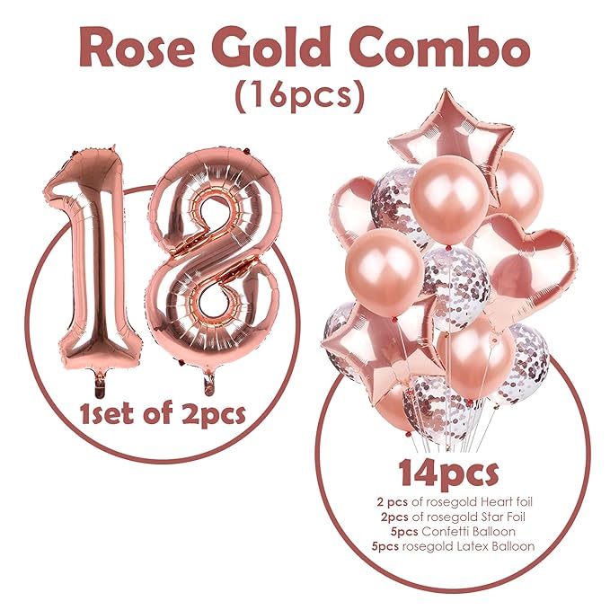 Party Propz 18th Birthday Decorations For Girls - 18 Number, Confetti, Star & Heart Foil Balloons & Metallic Balloon Combo Set Kit - 18th Birthday Decoration Items/ 18 Balloon Number For Girls