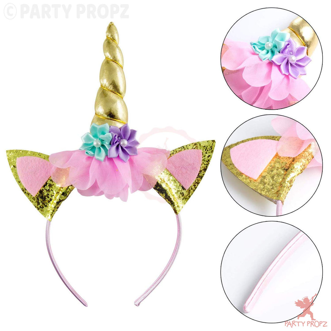 Party Propz Unicorn Birthday Girl Set - 2 Pcs Gold Unicorn Headband And Pink Satin Sash for Baby Girls | Unicorn Hair Band For Girls | Happy Birthday Girl Sash And Crown | Birthday Decoration Item
