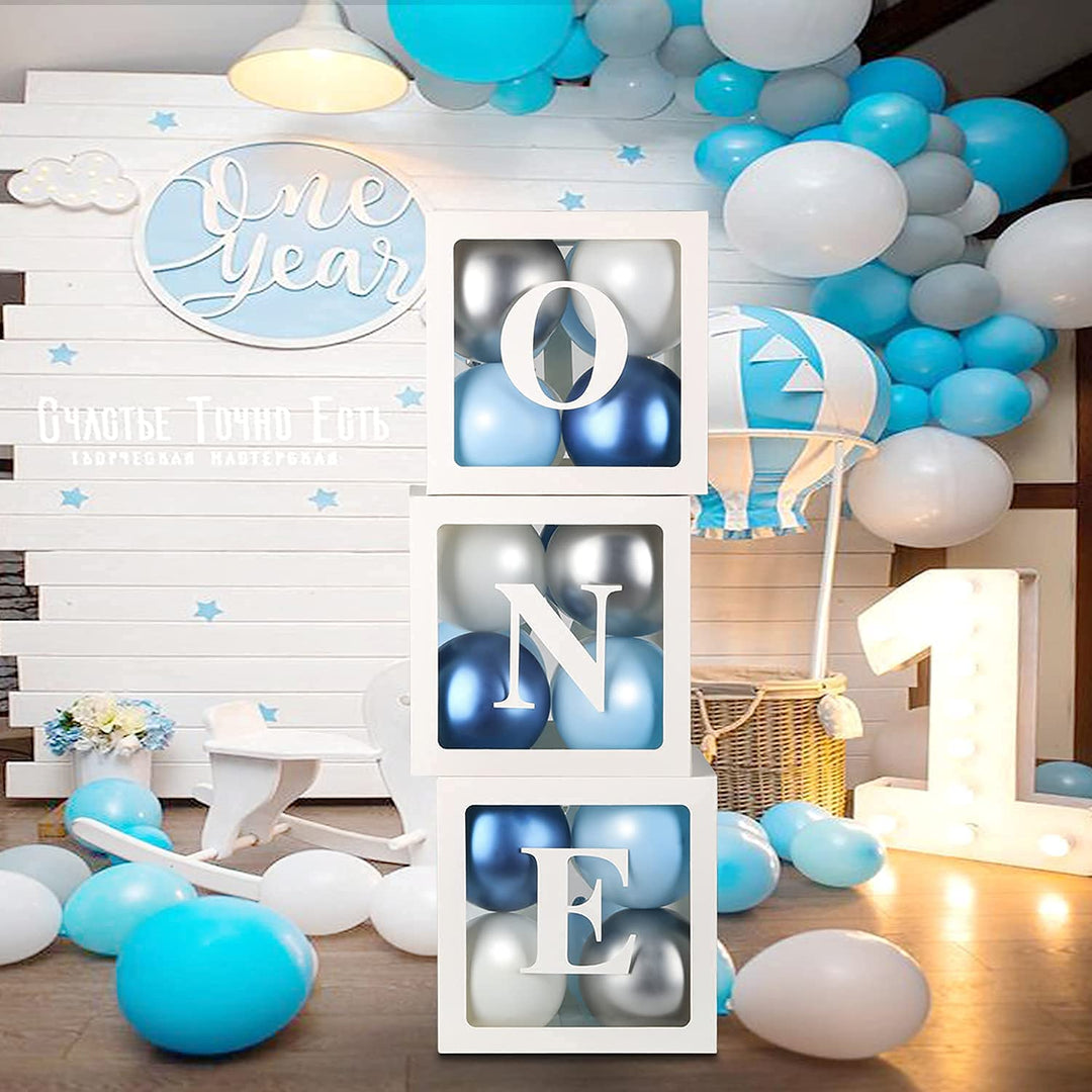 Party Propz Card Stock, Latex One Box For 1St Birthday - 34 Pcs, Baby Balloon Box For 1St Birthday Decoration With Balloons|First Birthday Decorations Boy|1 Year Birthday Box,Blue