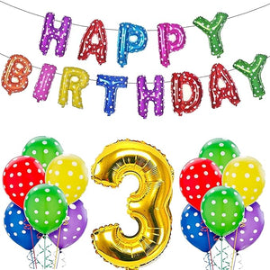 Party Propz Happy Birthday Decoration Kit Combo - 23Pcs Multicolor 3rd Birthday Decoration Combo For Kids With Polka Dotted Balloons, Birthday Foil Balloons, No.3 Golden Foil Balloons